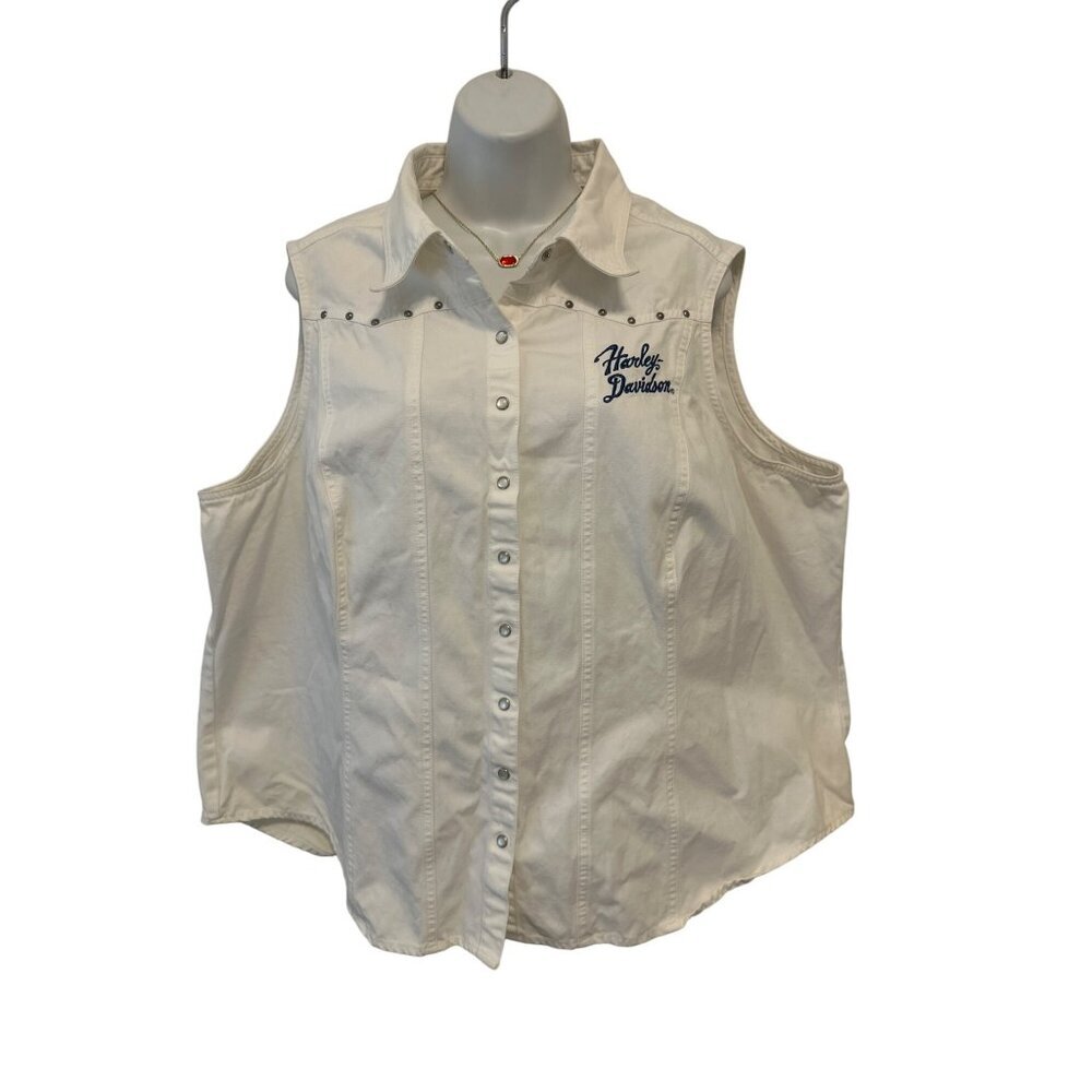 Harley-Davidson Sleeveless White Button-Up Shirt, Embroidered Front & Back, XL